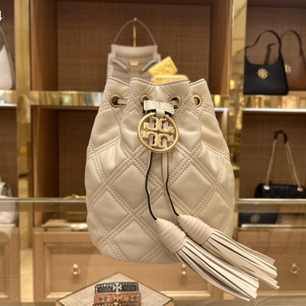 Tory Burch Fleming Ivory Quilted Mini Bucket Bag